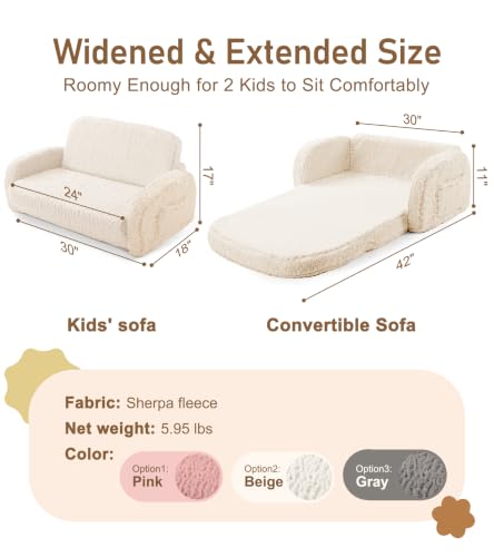 little dove 2-in-1 Sherpa Fold Out Kids Couch, Extra Wide Comfy Kid Chair, Convertible Kids Sofa, Foldable Kid Couch with High Density Foam for Boys & Girls, Beige - color: Beige