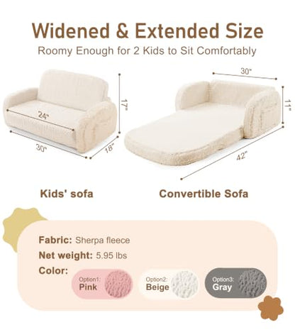 little dove 2-in-1 Sherpa Fold Out Kids Couch, Extra Wide Comfy Kid Chair, Convertible Kids Sofa, Foldable Kid Couch with High Density Foam for Boys & Girls, Beige - color: Beige