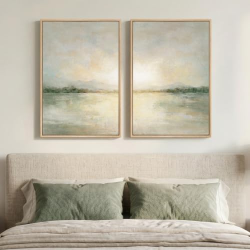 Framed Sage Green Abstract Landscape Canvas Wall Art Bedroom, 16x24 Inch | Neutral, Canvas prints, Modern, Minimalist, Nature, Lake, Scenic, Set of 2, Watercolor, Ready to hang, Hallway wall decor - color: Green Neutral, size: 16" W x 24" H x 2Pcs