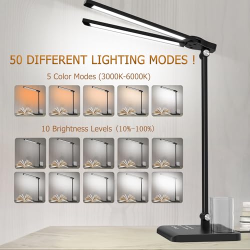 Dimmable LED Desk Lamp with USB Charging Port Bright 50 Lighting Modes | Dual Swing Arm Architect Table Lamp Light for Home Office Dorm Piano Nail