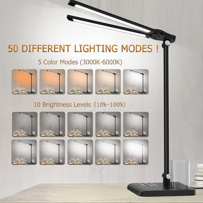 Dimmable LED Desk Lamp with USB Charging Port Bright 50 Lighting Modes | Dual Swing Arm Architect Table Lamp Light for Home Office Dorm Piano Nail