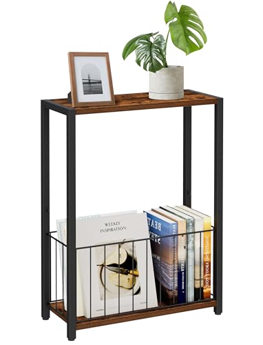 Homleke Narrow Side Table with Magazine Holder, Skinny End Table | Space-Saving Design, Small Spaces, Storage Shelf, Metal Frame, Easy Assembly, 7.1" D x 16.9" W x 23.6" H, Rustic Brown - color: Rustic Brown - Standard