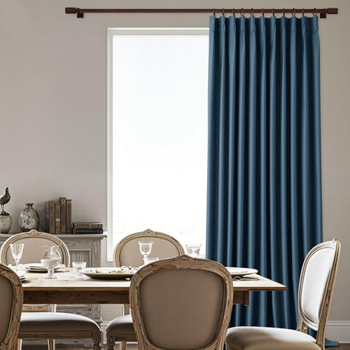 Denim Blue Linen 100% Blackout Curtains 96 Inches Long Room Darkening Pinch Pleated Drapes with Hooks Thermal Insulated for Bedroom 1 Panel 60" Wx96 L - color: Denim Blue, size: 60"W x 96"L (Pack of 1)