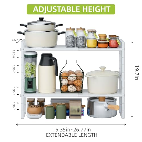 Expandable Cabinet Shelf Organizer Rack, Stackable Kitchen Counter Storage Shelves Stand, Adjustable Height Pantry Shelf Spice Rack (White-2 Pack, 8.7" D x 15.4-26.8" W x 9.8" H) - color: White-2 Pack