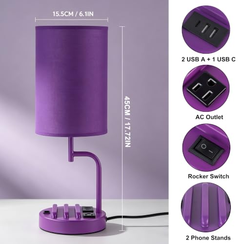 Dreamholder 2 Pack Table Lamp, Bedside Lamp with 3 USB Charging Ports & AC Outlet, USB Desk Lamp with 2 Phone Holders, Linen Fabric Shade Nightstand Lamps for Bedroom Living Room Office, Purple - color: Purple