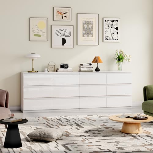 White 6 Drawer Dresser for Bedroom 47" Wide Closet Storage | Wood Dresser, Modern High Gloss, Handle-Free, for Entryway|TV Stand|Living Room - size: 15.4"D x 47.2"W x 32.3"H (6 Drawers)