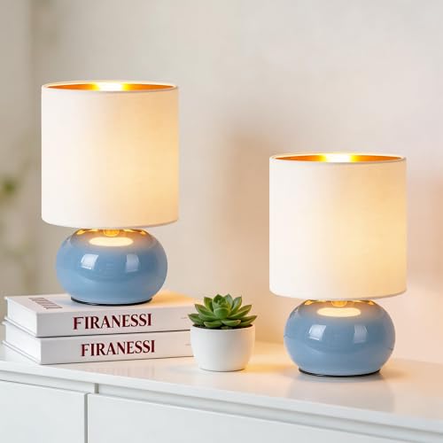 Hamucd Ceramic Table Lamps Set of 2, Modern Classic Bedside Lamps for Nightstand, Small Table Lamp for Bedroom Living Room Desk End Table(Blue) - color: Blue
