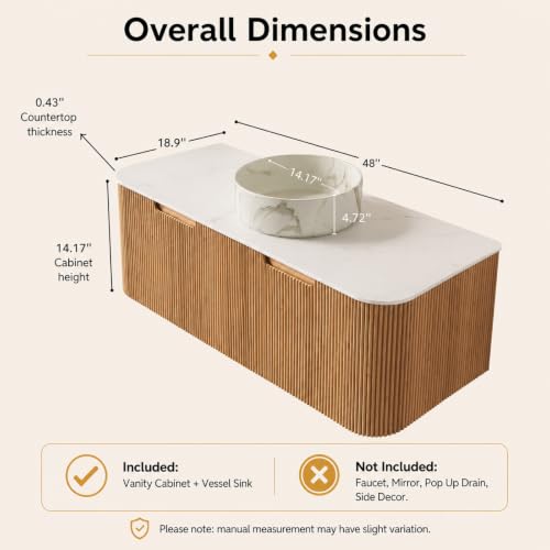 48" Floating Bathroom Vanity with Sink, Wall Mounted Plywood Cabinet, Natural Wood Grain Fluted Front, Sintered Stone Countertop, White Marble-Look Ceramic Vessel Sink, Soft-Close Drawer - color: Natural Oak Cabinet / White Marble Sink, size: 48 Inch