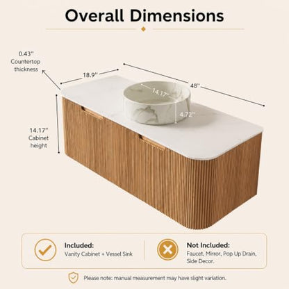 48" Floating Bathroom Vanity with Sink, Wall Mounted Plywood Cabinet, Natural Wood Grain Fluted Front, Sintered Stone Countertop, White Marble-Look Ceramic Vessel Sink, Soft-Close Drawer - color: Natural Oak Cabinet / White Marble Sink, size: 48 Inch