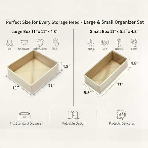 Underwear Drawer Organizer, 2 Pack, Khaki | Foldable Fabric Storage Bins, For Dresser & Closet, Sock and Bra Dividers, 2 Sizes, Bedroom Organization - color: khaki