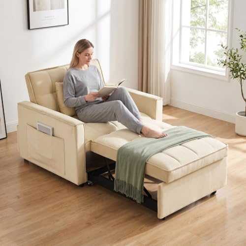 Sleeper Chair with Pull Out Bed, 3 In1 Convertible Chair Bed, White | Adjustable Backrest with Multiple Reclining Positions, Soft Cushioning, Handy Side Pocket, Perfect for Everyday Lounging - color: W-white-m1