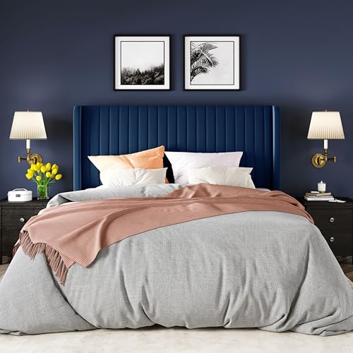 Allewie Full Size Velvet Bed Frame/Vertical Channel Tufted Wingback Headboard/Upholstered Platform Bed/Strong Wooden Slats/No Box Spring Needed/Easy Assembly/Blue - color: Blue, size: Full