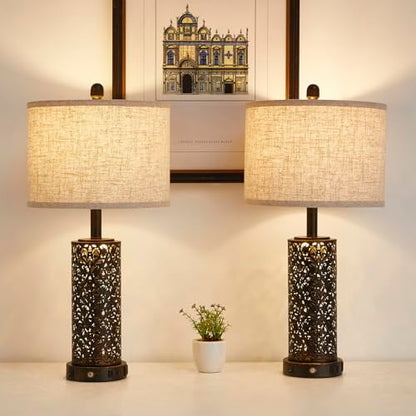 SAIWEYA 26" Set of 2 Farmhouse Table Lamp for Bedroom, Dimmable Touch | 3 Way Dimmable, 2 USB Ports + AC Outlet Bedside Lamp for Nightstand, LED Bulb Included, Fabric Shade, Flower Metal Body - color: White-26in 2 Pack