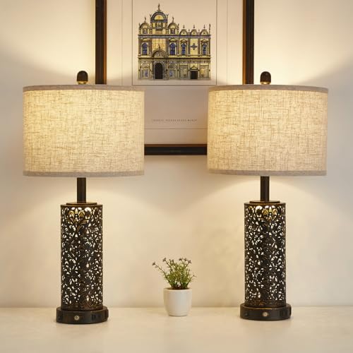SAIWEYA 26" Set of 2 Farmhouse Table Lamp for Bedroom, Dimmable Touch | 3 Way Dimmable, 2 USB Ports + AC Outlet Bedside Lamp for Nightstand, LED Bulb Included, Fabric Shade, Flower Metal Body - color: Black-26in 2 Pack