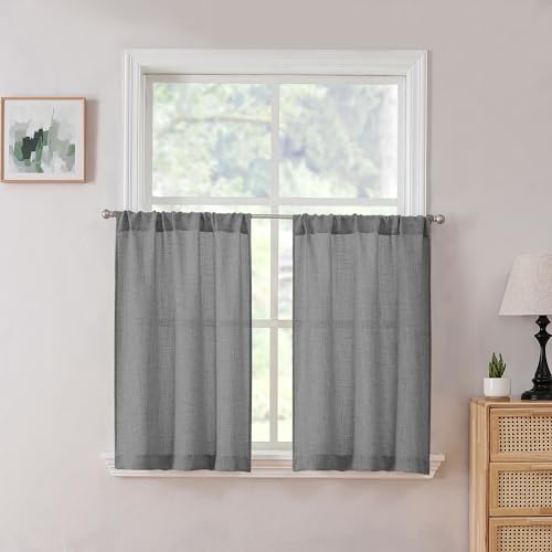 Tollpiz Short Linen Tier Curtains Rod Pocket Semi Sheer Half Kitchen Curtain Burlap Light Filtering Thick Linen Drapes for Bathroom, 30 x 24 inches Long, Dark Grey, Set of 2 Panels - color: Dark Grey, size: 30"W x 24"L (Pack of 2)