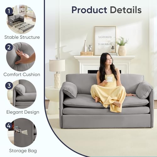 ijuicy 3 in 1 Convertible Sofa Bed, Queen Size Pull Out Sofa Bed with 2 Side Pockets & Soft Armrest,60" Velvet Loveseat Sleeper Sofa with 4" Mattress for Living Room Furniture,Small Spaces-Light Grey | with 2 Side Pockets & Soft Armrest,60" Velvet Lovesea