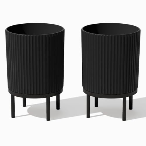 Veradek Demi Series Raised Planter - Round Planter with Stand | Made From a Durable Plastic-Stone Composite & Comes With Wooden Stand. Modern Porch/Patio Décor - color: Black/Black, size: 12 inch - 2 Pack