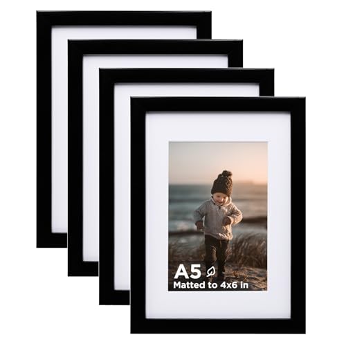 A5 Frame Set of 4, Wooden Photo Frame with Plexiglass for 4x6 Picture with Mat or A5 Without Mat, for Wall and Tabletop Display Diploma Certificate Degree, a5 picture Frames Black - color: Black, size: A5