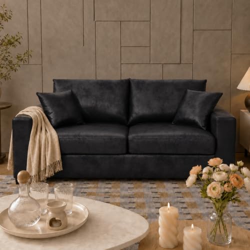 69'' Loveseat Sofa,Modern Fabric 2-Seater Sofa with 2 Pillows(Black) | Small Couches for Living Room, Office,Apartment, Small Spaces,21 in Deep Seat - color: Black
