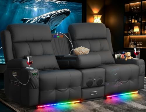 Home Theater Seating, Power Loveseat Recliner Sofa with Massage & Heat | Wall Hugger Reclining Loveseat with USB, RV Couch with LED Lights, Flip Backrest, Cup Holders for Movie Theater, Gaming Room - color: Pebbled Dark Gray, size: 72" - 2 Seats