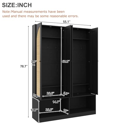 JIVOIT Bohemian Farmhouse Widen Hall Tree with 4 Rattan Doors, Versatile 4-In-1 Hall Tree, Mid-Century Entryway Shoe Cabinet with Adjustable Shelf and 6 Hooks, Seating Bench for Living Room - color: Black//53