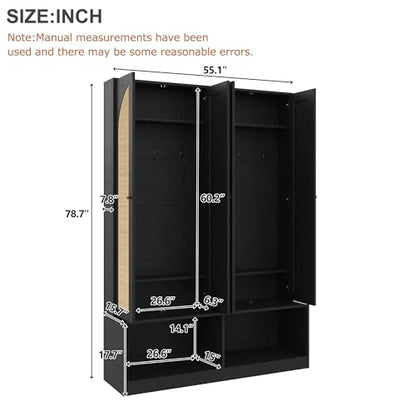 JIVOIT Bohemian Farmhouse Widen Hall Tree with 4 Rattan Doors, Versatile 4-In-1 Hall Tree, Mid-Century Entryway Shoe Cabinet with Adjustable Shelf and 6 Hooks, Seating Bench for Living Room - color: Black//53