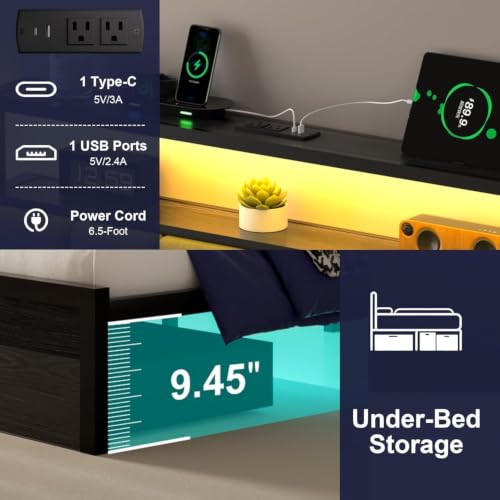 Queen Bed Frames with Storage Drawer, Platform Bed with Charging Station and LED Lights, Upholstered Headboard with 2-Tier Storage Shelves, No Box Spring Needed - size: Queen, style: Modern