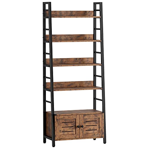 IRONCK 4 Tier Ladder Bookcase with Louvered Doors Rustic Brown | Bookshelf; Ladder Shelf;bottom cabinet; anti tip kit; for Bedroom Living Room Home Office