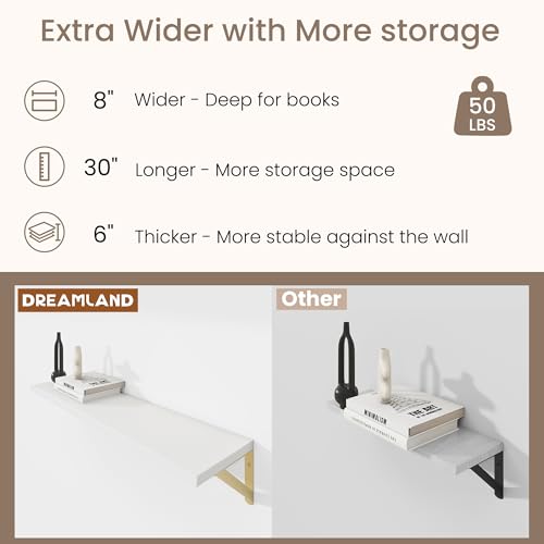 Dreamland Wall Mounted Floating Shelves Set of 2, 30x8, White&Gold | Engineered Wood, Visible Bracket, Large Storage, Hold Up to 50lbs, Living Room, Bathroom, Bedroom, Kitchen - color: White&gold, size: 30"W x 8"D
