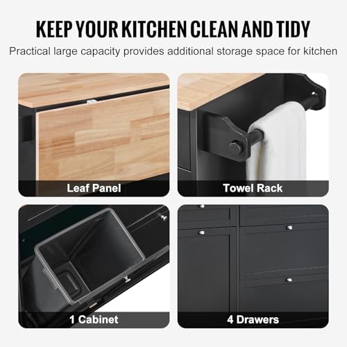 VEVOR Kitchen Island Cart, 50" Wood Top Breakfast Bar with Trash Cabinet Tilt Out 10 Gallon Storage, Farmhouse Dining Living Room Table with Drop Leaf, Towel Bar, Drawer, Black - color: Black