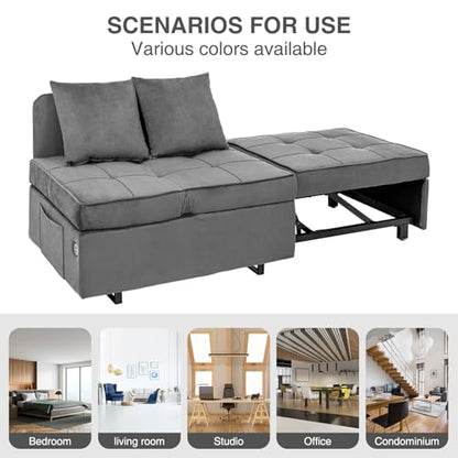 Convertible Sofa Bed 4-in-1 Pull Out Couch, Ottoman Bed Sleeper, Light Grey | Velvet Love seat Couch Sleeper Chair Bed with USB Ports, 5 Adjustable Backrest and Pillow for Living Room Apartment Office - color: Light Grey