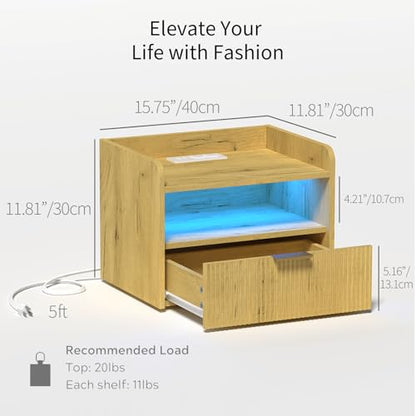 Veegle Floating Nightstand with Charging Station and LED Lights (Yellow Oak) - color: Yellow Oak