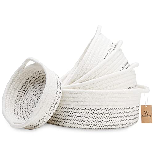 NaturalCozy 5-Piece Round Woven Cotton Rope Storage Baskets for Organizing, Small Shallow Nesting Set for Montessori Toys, Entryway Catchall, Fruit Bowl, Key Tray, Remote Holder, Nursery & Pet Toys - color: Off White & Black Stitching