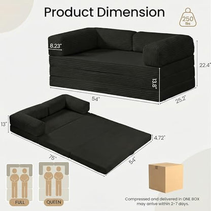 Erament Futon Sofa Bed, Convertible Tri-Folding Mattress Foldable Mattress with Removable Armrests & Washable Cover, Small Couch Bed with High-Density Foam, No-Assembly, Full, Black - color: Black, size: Full