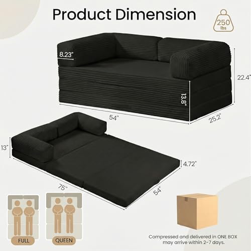 Erament Futon Sofa Bed, Convertible Tri-Folding Mattress Foldable Mattress with Removable Armrests & Washable Cover, Small Couch Bed with High-Density Foam, No-Assembly, Full, Black - color: Black, size: Full