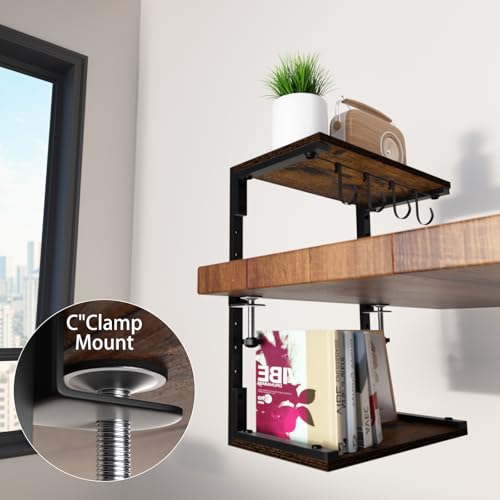 Clamp-On Desk Organizer Shelf, 13 inch Adjustable Height and Versatile Hook, Above or Below Desk 2-Tier Shelving, Shelving for Table Accessories, Gaming Devices, and More