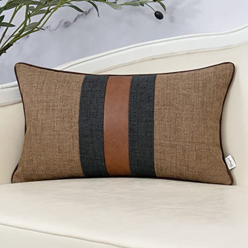 Patchwork Pillow Cover 12x20 Inch Luxury Cotton and Linen Cushion Cover Faux Leather Pillowcover for Couch Bedroom Living Room, Brown - color: L-coffee Brown, size: 20" x 12" (Pack of 1)