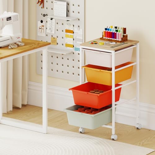 RELAX4LIFE 4-Drawer Rolling Storage Cart - Mobile Art Supply Craft Organizer on Wheels w/Wooden Tabletop & Metal Frame, Utility Storage Cart for Home Living Room Office Classroom (Macaron, 28”H) - color: Macaron, size: 28”H