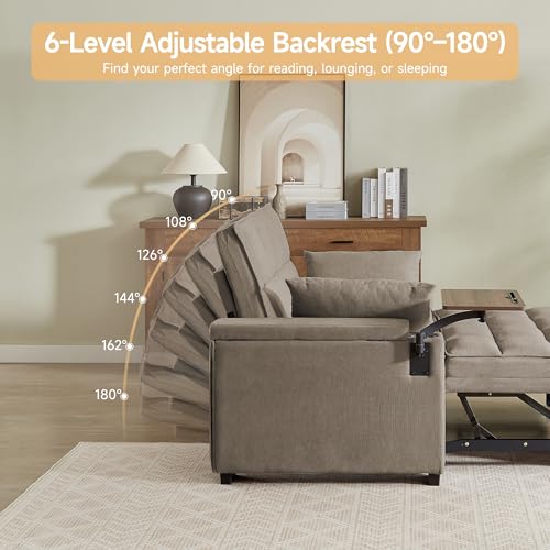 65" 3-in-1 Sofa Bed, Pull Out Sleeper Sofa with 360° Swivel Side Table, Storage Armrests, Cup Holders & USB Charging Ports, Chenille Convertible Couch for Living Room - color: 1007-khaki-