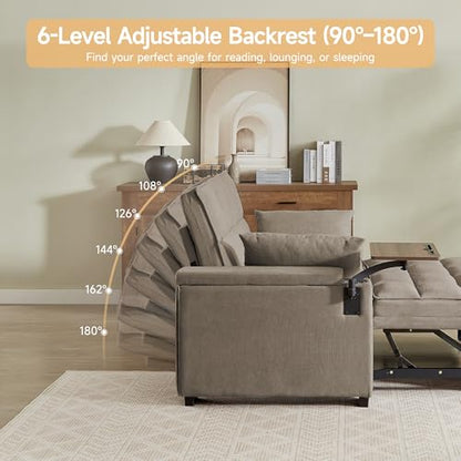 65" 3-in-1 Sofa Bed, Pull Out Sleeper Sofa with 360° Swivel Side Table, Storage Armrests, Cup Holders & USB Charging Ports, Chenille Convertible Couch for Living Room - color: 1007-khaki-