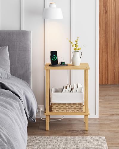 TUTOTAK End Table with Charging Station, Side Table Set of 2, Nightstand | 2-Tier Storage Shelf, Bedside Table with USB Ports, Sofa Table for Small Space, Livingroom, Bedroom Natural TB01BN041 - color: Natural