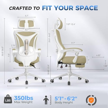 CYKOV Ergonomic Office Chair with Footrest - Adjustable Lumbar Support & Headrest, 90-135° Reclining Mesh Back Computer Chair - Home Office/Gaming, 350lbs Capacity | 4-Way Headrest (4.72" + 60°), 2-Way Lumbar (2" + 1.18"), 90-135° Recline, Breathable Mesh