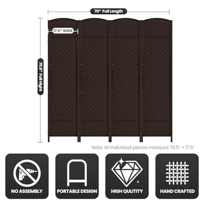 4 Panel Folding Room Divider,Woven Privacy Screen,Chocolate | Solid wood frame, handcrafted diamond pattern, 6FT tall, extends to 63 inches wide, no assembly required - color: Chocolate, size: 4-Panel