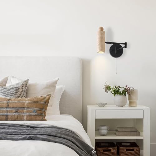 Modern Travertine Stone Wall Sconce, Adjustable Swing Arm Wall Lamp, Black Metal Base Pull Chain Switch Bedside Reading Spotlight for Bedroom Study Room Bedside - color: Natural