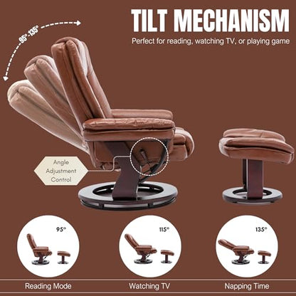 Swivel Recliner Chair with Ottoman Reclining Lounge Sofa Footrest, Set of 1 | 360°Sturdy Wood Base, Soft Faux Leather, Upholstered Ultra-Plush Foam, Modern Armchair, Living Room Bedroom Office Reading - color: Brown, size: Set of 1