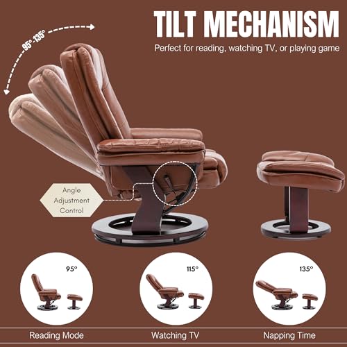 Swivel Recliner Chair with Ottoman Reclining Lounge Sofa Footrest, Set of 2 | 360°Sturdy Wood Base, Soft Faux Leather, Upholstered Ultra-Plush Foam, Modern Armchair, Living Room Bedroom Office Reading - color: Brown, size: Set of 2