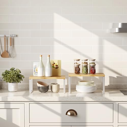HOOBRO Cabinet Organizer Shelf, Set of 2 Kitchen Counter Shelves, Expandable Kitchen Storage, Stackable Bamboo Spice Rack, for Kitchen, Countertop, Office Desk, Bathroom, Natural and White YW30TL01 - color: Natural, White