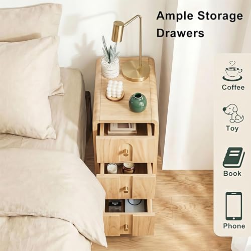 Narrow Nightstand with 3 Drawers, Small Bedside Table, Mid Century Modern Skinny Night Stand with Storage, Wood Slim Side Table for Bedroom, Small Spaces, Living Room (Natural-1pcs)