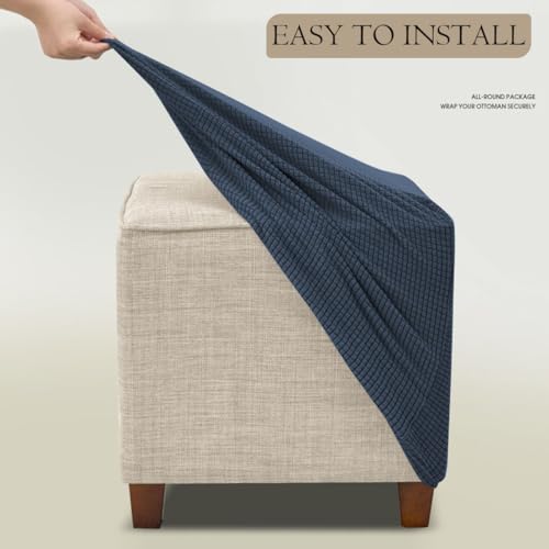 Ottoman Cover Square Storage Ottoman Slipcover Jacquard Stretch Footrest Stool Covers with Elastic Band Cube Storage Stool Ottoman Covers Footstool Sliocovers Protection Navy - color: Navy