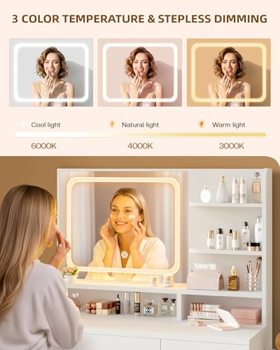 LIVELYGLOW White Makeup Vanity Desk with Charging Station & 4 Drawers | Smart LED Mirror, Cushioned-Stool, Hairdryer Rack - color: Ivory White